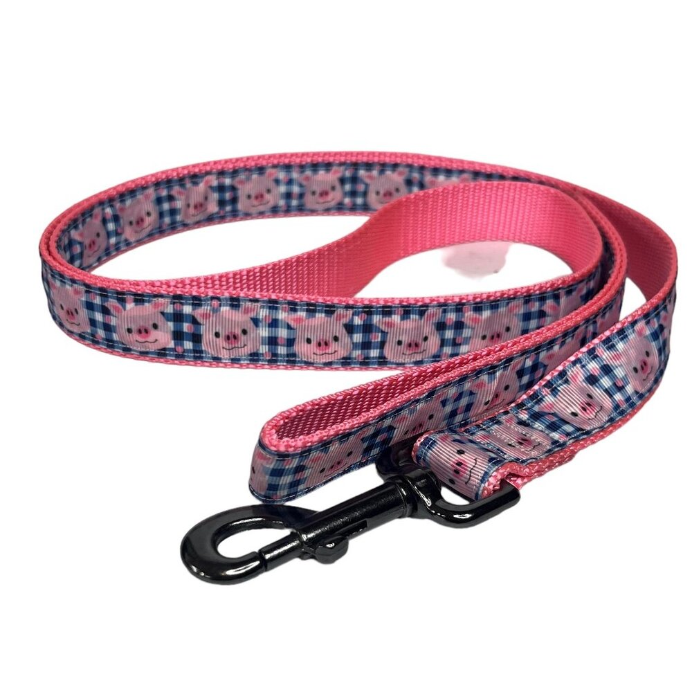 Dog‎ Leash Pink Pigs Blue Checked 1" x 61"